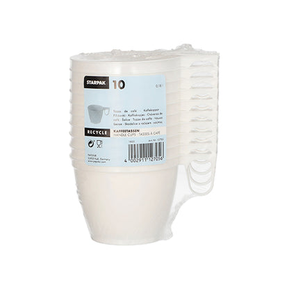 A stack of ten white Starpak coffee cups (PS, 0.18l, Ø7.8cm, 6cm) is wrapped in shrink film and labeled with a blue tag displaying product details, barcode, and recycling symbols - ideal for convenient coffee enjoyment on the go.