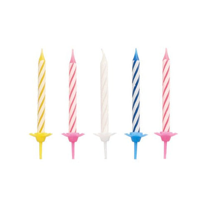 PAPSTAR Birthday candles, 6 cm, color assorted with holder (24 pieces) from PAPSTAR GmbH stand upright against a white background.
