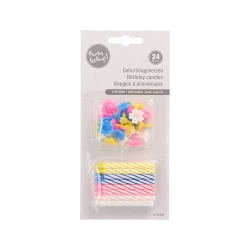 PAPSTAR GmbH birthday candles, 6 cm, color assorted in a 24-pack blister with holders in flower shape; packaging multilingual (German, English, French).