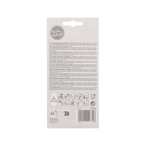 The back of the PAPSTAR birthday candles 6 cm blister (24 pieces) from PAPSTAR GmbH shows printed instructions, warnings, safety symbols in black, a barcode at the bottom right, and a "Party feeling!!" logo at the top left. Contains colored candles with holder.