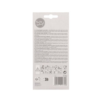 The back of the PAPSTAR birthday candles 6 cm blister (24 pieces) from PAPSTAR GmbH shows printed instructions, warnings, safety symbols in black, a barcode at the bottom right, and a "Party feeling!!" logo at the top left. Contains colored candles with holder.