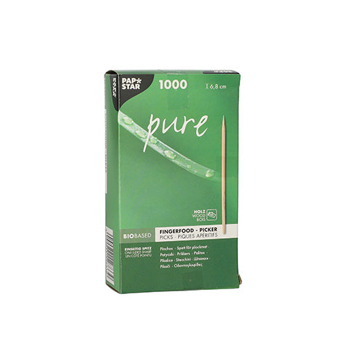 The green box of PAPSTAR GmbH with the inscription "Finger food picker pure" contains 1000 eco-friendly picks (pointed on one side, 6.8 cm) in toothpick and leaf design. Ideal for catering events. Box size: 7.6 x 6.8 cm.
