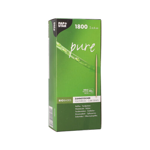 A green box with the label "PAPSTAR toothpicks pure" from PAPSTAR GmbH contains 1800 round wooden toothpicks (6.8 cm) in the cardboard tray. The front shows a toothpick image, bio-based details, and multilingual information.