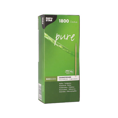 A green box with the label "PAPSTAR toothpicks pure" from PAPSTAR GmbH contains 1800 round wooden toothpicks (6.8 cm) in the cardboard tray. The front shows a toothpick image, bio-based details, and multilingual information.
