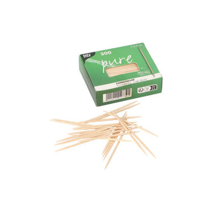 A green box labeled "pure" from PAPSTAR GmbH contains 300 round wooden toothpicks (6.5 cm), several of which are scattered against a white background.