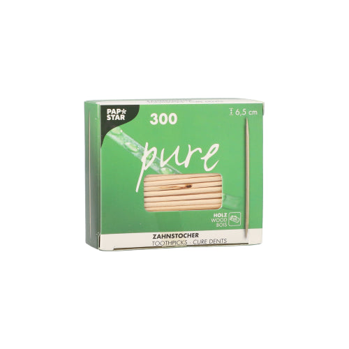 The green-white can PAPSTAR wooden toothpicks "pure" round, 6.5 cm from PAPSTAR GmbH has a viewing window and contains 300 toothpicks in a protective foil packaging - ideal for daily use.