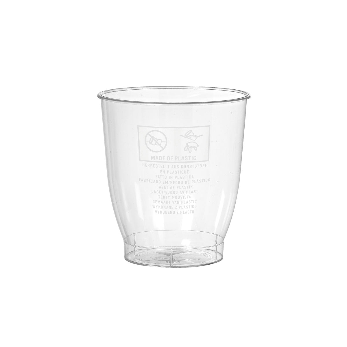 A transparent 300 ml Crystallo drinking glass by Duni GmbH made of shatterproof PS is depicted empty against a white background. On the side, recycling and plastic symbols are printed. Sold in packs of 30 pieces.