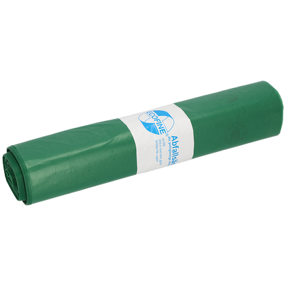 A rolled-up green DEISS ECOFINE® waste bag 13900 (120L, recycled LDPE/LLDPE) from EMIL DEISS KG, with a white-blue label, on a plain white background - ideal for environmentally friendly waste disposal.