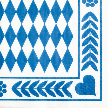 A white PAPSTAR 20 napkin, 33x33 cm, 3-ply from PAPSTAR GmbH with a blue geometric heart pattern and symmetrical border; Design Set 6.