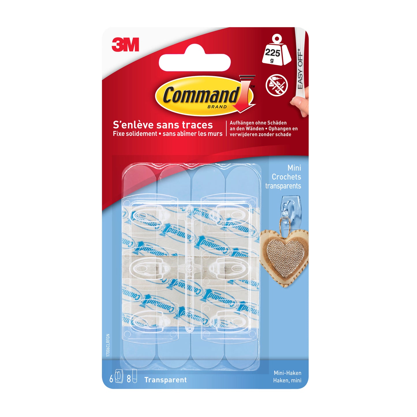 Eine Packung Command™ Mini-Haken, transparent, 17006CLR von 3M Deutschland GmbH enthält 6 transparente Haken und 8 transparente Strips. Die blau-rote Packung hat französische und englische Infos, perfekt für spurlos befestigen in Ihrem Raum.
