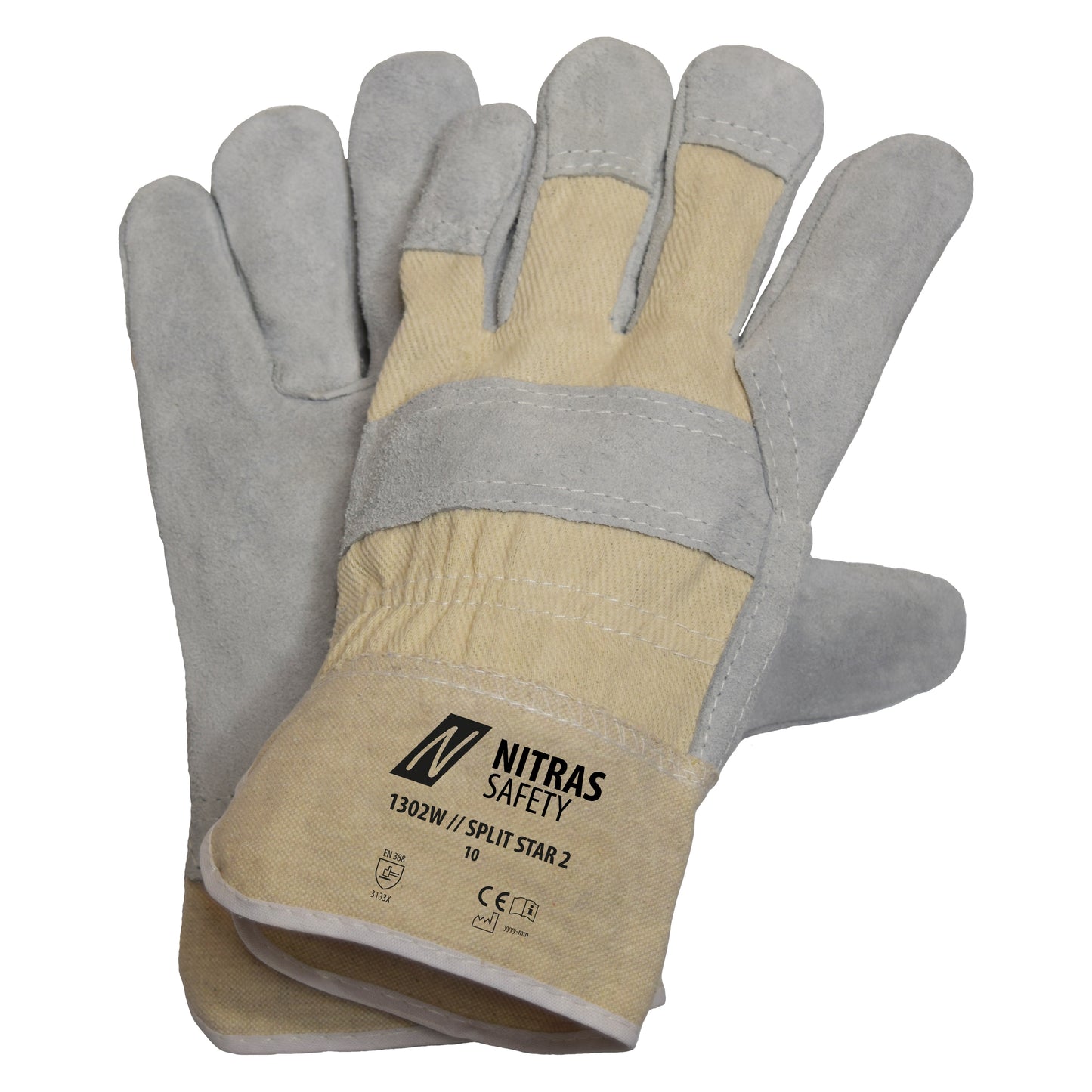 NITRAS SPLIT STAR 2, cow split leather gloves, natural color / gray, EN 388 cotton | Pack (12 pairs)