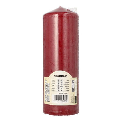 The Starpak pillar candle Ø 70 mm, 200 mm is cylindrical, has a flat bottom, is wrapped in clear foil, and carries a beige label on the front – ideal as a living room decoration thanks to its extra long burning time.