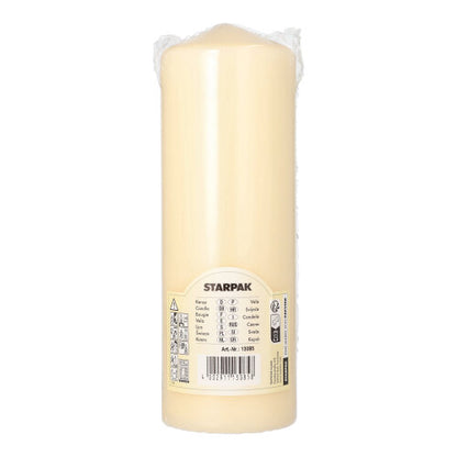 A large, cream-colored Starpak pillar candle (Ø 70 mm, 200 mm) with extra long burning time is delivered in a plastic packaging with a brand label – perfect for decorating your living room.