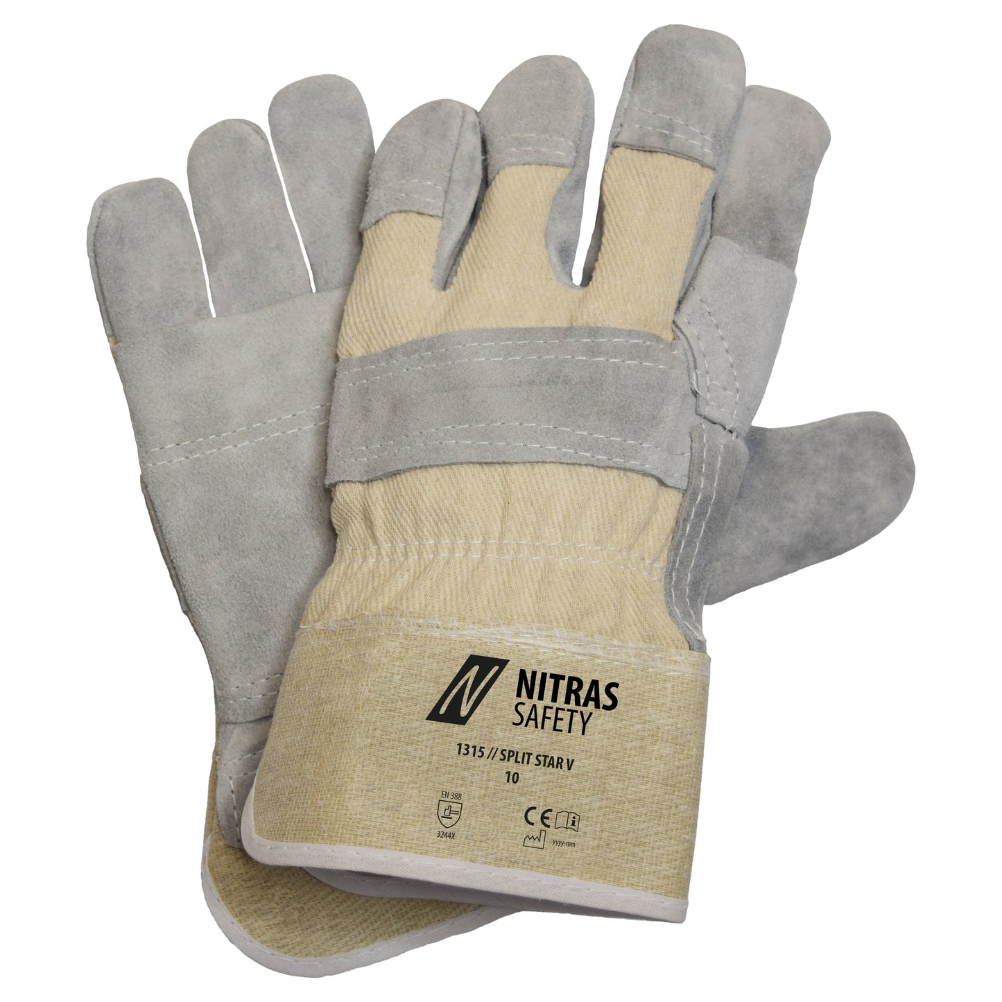 NITRAS SPLIT STAR V, cow split leather gloves, natural color / gray, EN 388 cotton | Pack (12 pairs)