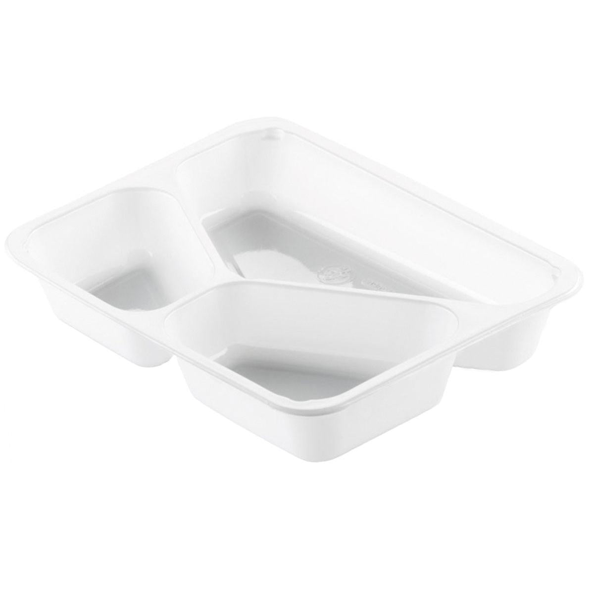 The CPET tray 225x175 mm, White from Duni GmbH with three compartments is a temperature-resistant food packaging (Pack: 300 pieces) and is presented empty against a white background.