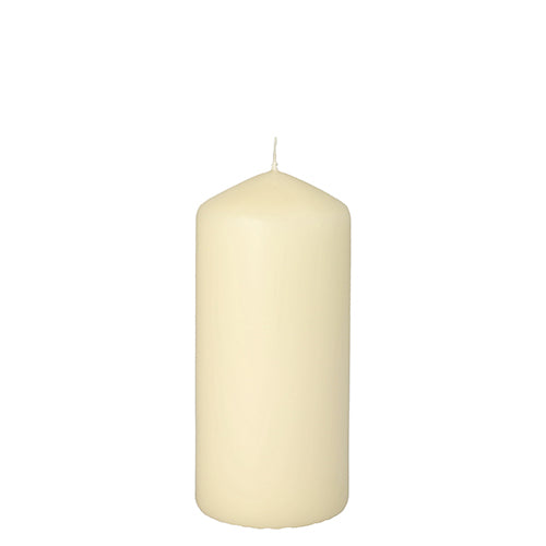 Against a white background, a Starpak pillar candle with extra long burning time (Ø 60 mm, 130 mm) in ivory with a flat bottom, rounded tip, and unlit wick is depicted.
