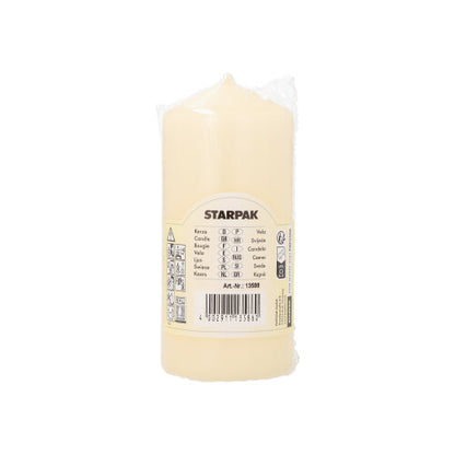 A cream-colored Starpak pillar candle (Ø 60 mm, 130 mm) with extra long burning time is wrapped in plastic and shows the brand name, product details, and barcode on a plain white background.