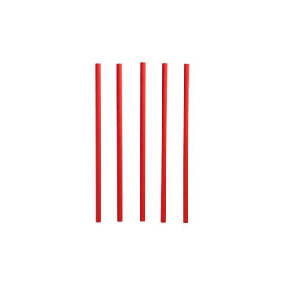 Fünf rote PAPSTAR Shake-Halme Papier-Trinkhalme, bekannt für ihre Umweltfreundlichkeit, sind vertikal vor einem schlichten weißen Hintergrund angeordnet.
