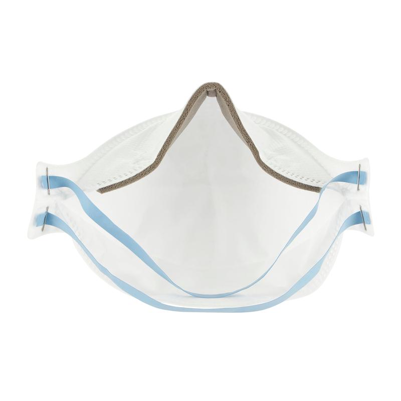 The 3M™ Aura™ Comfort Particulate Respirator 9320+, FFP2, without valve (1 piece, 3M Deutschland GmbH) is a white disposable face mask with blue ear loops, shown from the front to display its inner surface and structure.
