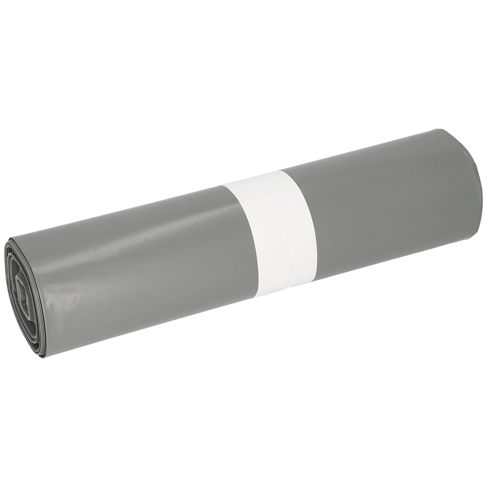 A roll of EMIL DEISS KG (GmbH + Co.) DEISS 14005 - 700x1100x0.06 mm gray garbage bags (25 pieces) with white paper band lies on a white background-perfect for packaging and shipping thanks to the robust film roll.