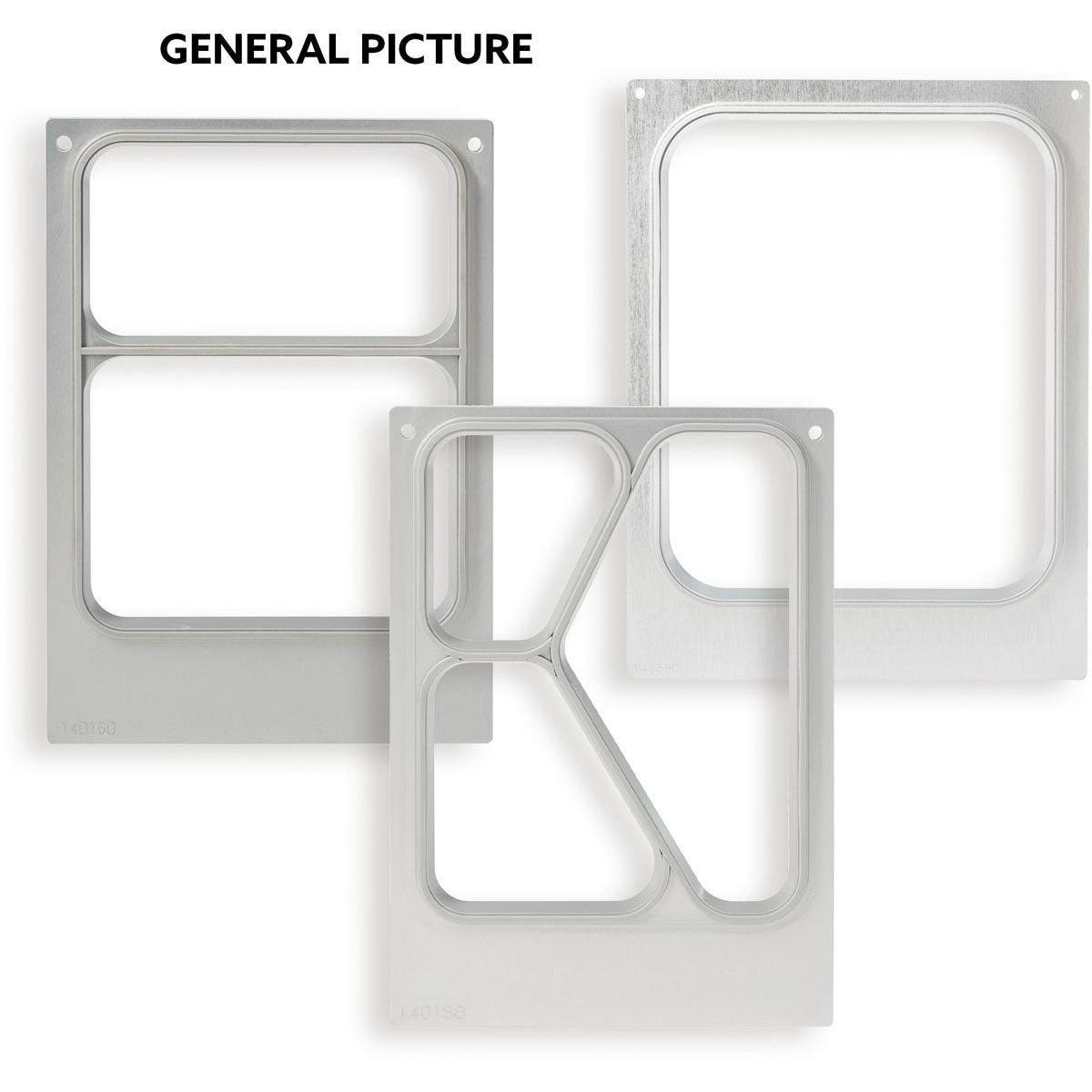 The cassette DF10/20 for CPET trays 760 ml - 2-use, durable from Duni GmbH is depicted on a white surface. Three rectangular metal frames with different cut-out patterns are visible. "GENERAL PICTURE" is at the top of the image.