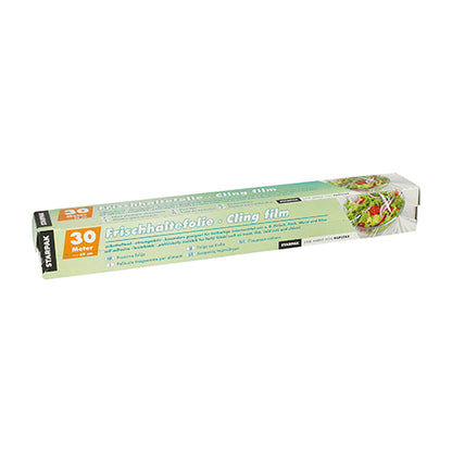 Pictured is a Starpak folding box with 30 m x 29 cm cling film in green-yellow packaging, with the text 'tear-resistant' in German and English and a salad image on the right side.