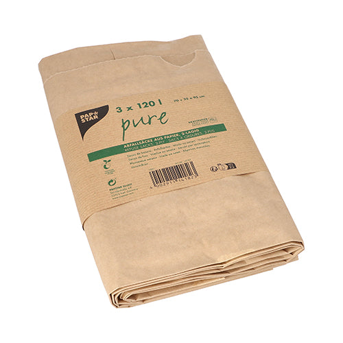 A folded stack of PAPSTAR paper garbage bags 120 l, 2-ply, brown "pure" (3 pieces) from PAPSTAR GmbH, wrapped with a paper band with product information, "3 x 120 liters" and environmental mark.
