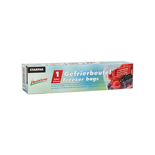 A box of Starpak 20 QuickSnap freezer bags 1 l (20 x 18 cm, transparent), folding box with 20 pieces.