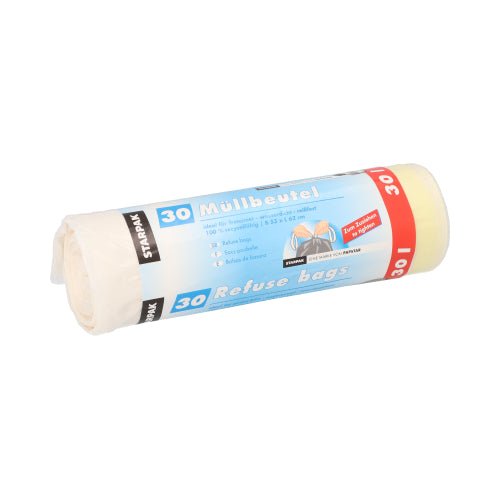 A roll of 30 Starpak garbage bags with drawstring (62 x 53 cm, LDPE, white) with a blue-white band with information in German/English: "Müllbeutel", "Refuse bags", "30" and practical drawstring closure.