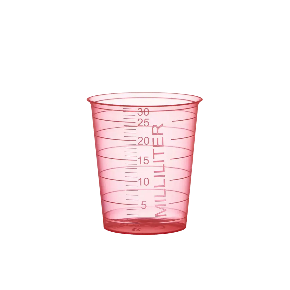 The AMPri PP medical cup is a 30 ml scaled measuring cup made of translucent red polypropylene with milliliter markings from 5 to 30. It is manufactured by the brand AMPri Handelsgesellschaft mbH.