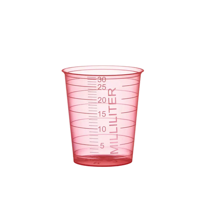 The AMPri PP medical cup is a 30 ml scaled measuring cup made of translucent red polypropylene with milliliter markings from 5 to 30. It is manufactured by the brand AMPri Handelsgesellschaft mbH.