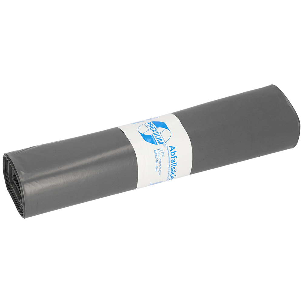 Pictured is a roll of EMIL DEISS KG (GmbH + Co.) DEISS 14304 - 800x1000 mm Type 70 gray | Roll (25 pieces) garbage bags on a white background, wrapped with a white label with blue text and graphics.