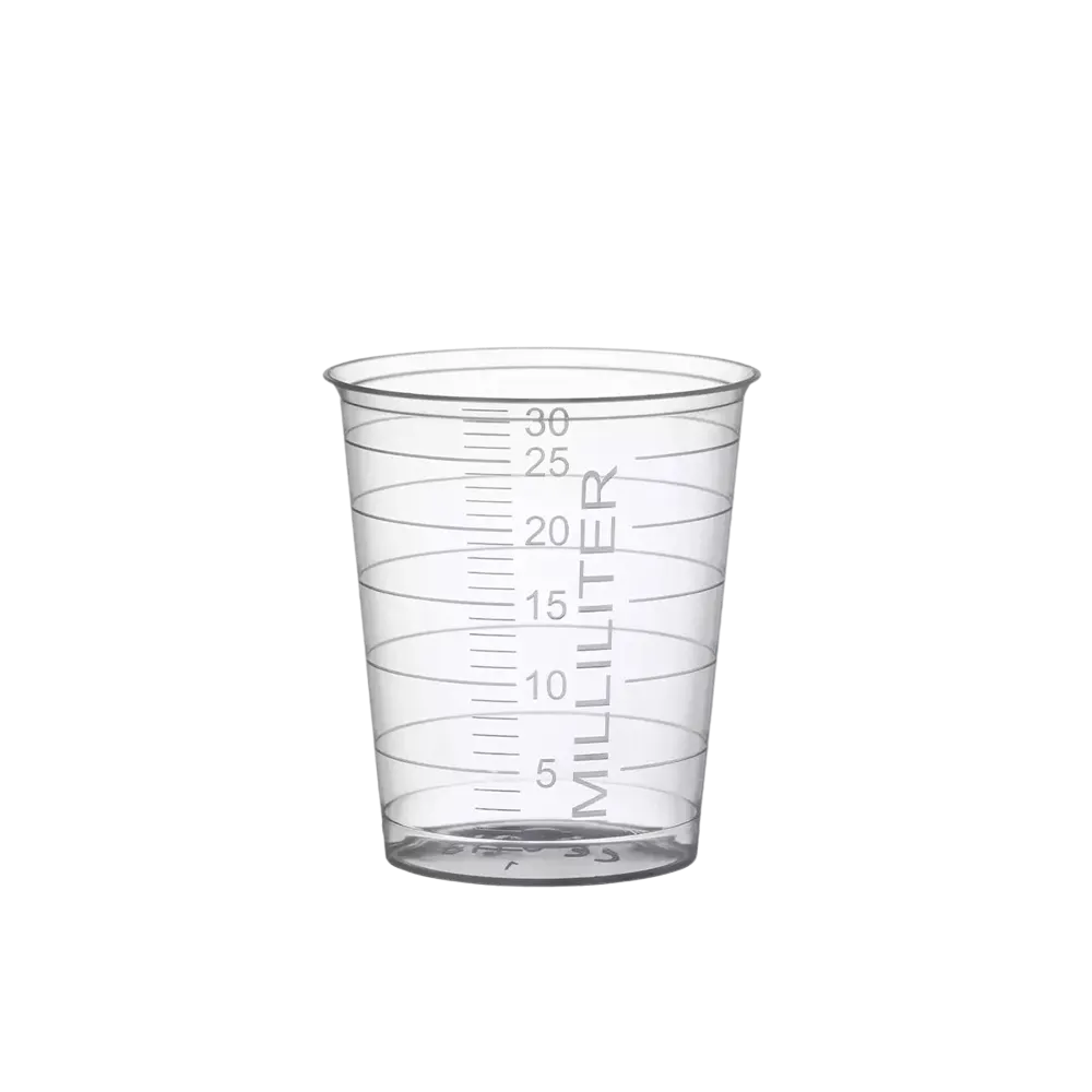 A transparent AMPri PP medical cup 30 ml made of polypropylene with milliliter markings from 5 to 30, manufactured by AMPri Handelsgesellschaft mbH, stands empty against a white background.