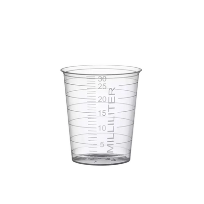A transparent AMPri PP medical cup 30 ml made of polypropylene with milliliter markings from 5 to 30, manufactured by AMPri Handelsgesellschaft mbH, stands empty against a white background.