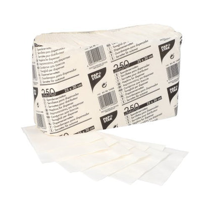 A pack of 250 PAPSTAR dispenser napkins, 1-ply, 25x30 cm, white from PAPSTAR GmbH, in a rectangular band with multilingual print; several napkins are fanned out at the front.