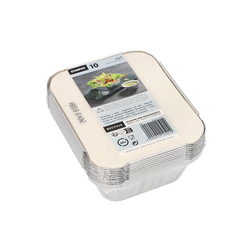 A stack of 10 Starpak aluminum trays with PP-coated lids—rectangular food containers featuring a paper label with "Salad," "Dip," product information, and a barcode. Ideal for food storage. The package contains 10 rectangular containers. Brand: Starpak.