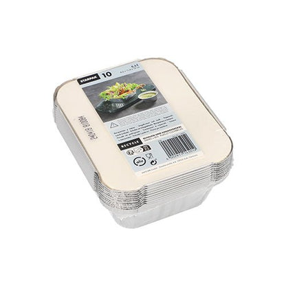 A stack of 10 Starpak aluminum trays with PP-coated lids—rectangular food containers featuring a paper label with "Salad," "Dip," product information, and a barcode. Ideal for food storage. The package contains 10 rectangular containers. Brand: Starpak.
