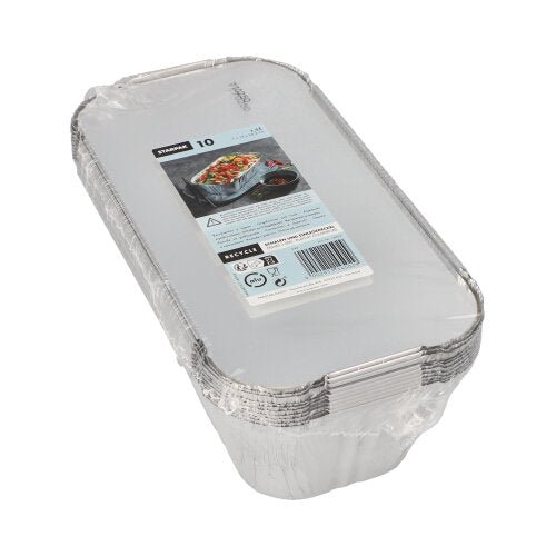 A stack of 10 Starpak containers, aluminum + insert lids (PP-coated, square) wrapped in plastic film, with a label on top featuring product details and a photo of the food—ideal for practical food storage.