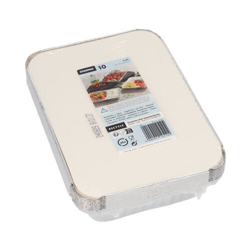 A stack of Starpak 10 trays—aluminum trays with PP-coated lids—is packaged in clear plastic. The label displays product information and images of the food in the rectangular aluminum trays. Ideal for food storage.