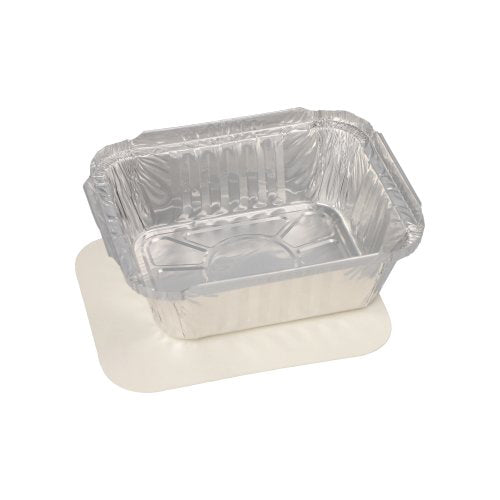 The Starpak 25 tray, aluminum + insert lid, PP-coated by Starpak is a rectangular disposable aluminum tray with a matching white cardboard lid underneath, ideal for catering or take-away, depicted on a plain white background.