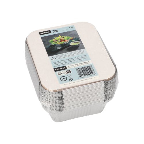 A pack of 25 Starpak aluminum + insert lid trays (PP-coated) comes with a paper label with product information, recycling symbols, and food images - perfect for catering or take-away. Brand: Starpak.