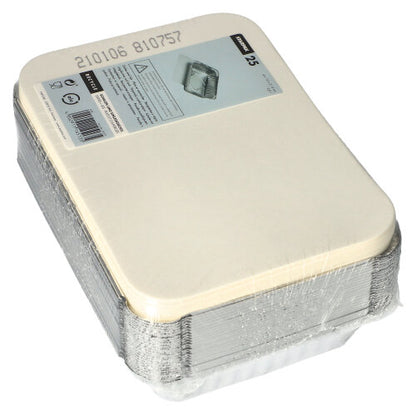 A stack of Starpak 25 trays, aluminum + insert lid, PP-coated by Starpak is wrapped in plastic and carries a beige cardboard label with product details and an illustration of an aluminum tray on top.