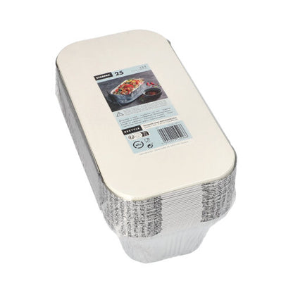 A pack of 25 Starpak aluminum baking molds with PP-coated insert lid features a label with product information and an image of baked goods, ideal for catering or take-away.