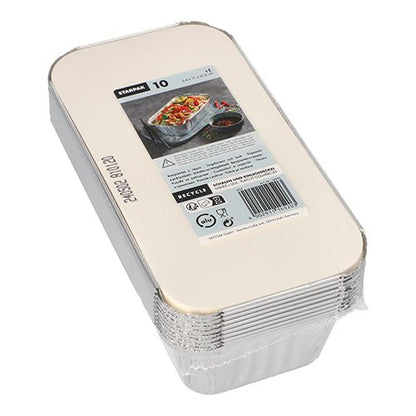 A stack of ten rectangular Starpak 10 trays, aluminum + insert lids, and PP-coated trays with white cardboard lids. The top label shows food on a tray, product information about food storage, and a barcode.