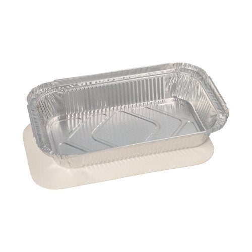 A rectangular Starpak 10-tray aluminum pan with corrugated edges and a matching PP-coated cardboard insert lid is shown empty against a plain white background; it is suitable for storing food.
