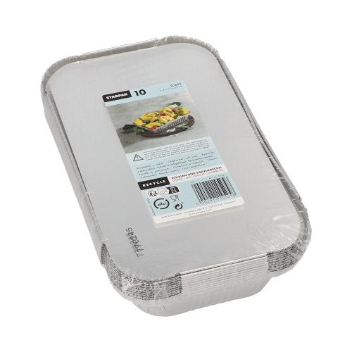 A stack of ten Starpak 10 trays—aluminum with PP-coated insert lids, rectangular trays—is wrapped in plastic and labeled with product information and a food image—perfect for food storage.