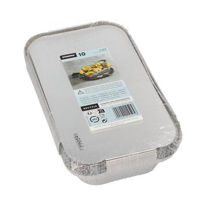 A stack of ten Starpak 10 trays—aluminum with PP-coated insert lids, rectangular trays—is wrapped in plastic and labeled with product information and a food image—perfect for food storage.