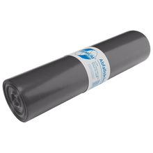 Abgebildet ist ein eng gerollter schwarzer DEISS Müllsack 575x1000x0,06 mm aus Recycling-LDPE 70 l der EMIL DEISS KG (GmbH + Co.) mit weiß-blauem deutschem Etikett auf weißem Grund.