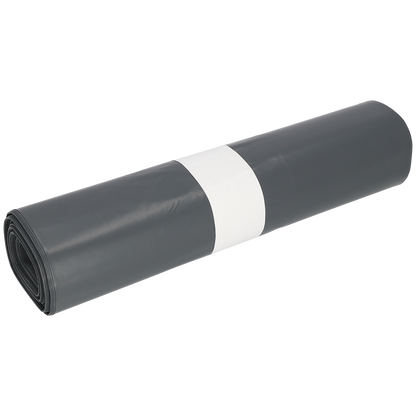 Abgebildet ist eine Rolle EMIL DEISS KG (GmbH + Co.) DEISS Müllsäcke 575x1000x0,07 mm aus Recycling-LDPE 70 l schwarz, gebündelt mit einer weißen Papierbanderole, auf einfarbig weißem Hintergrund.