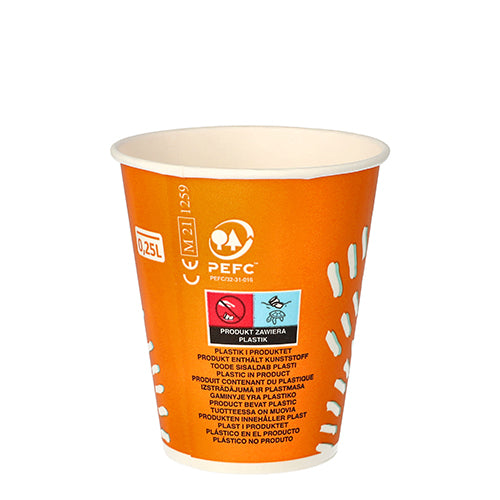 The Starpak 100 drinking cups for cold drinks made of paper (0.25 l), orange with white graphics, are PEFC certified and not suitable for plastic recycling.
